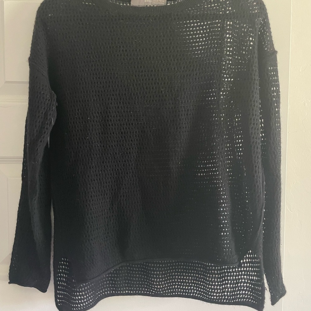 360 Cashmere Black Crew Neck Sweater with Open Weave